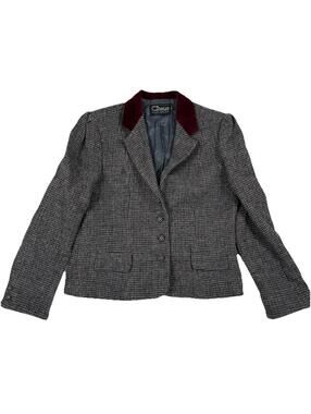 Chaus 100% Harris Tweed Wool Blazer 14 Gray Houndstooth Velvet Collar Jacket